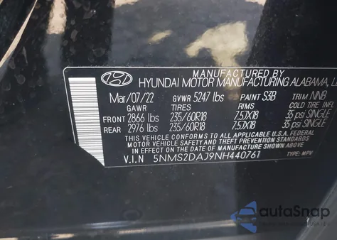 2022 Hyundai Santa Fe Sel z USA, uszkodzony, nr VIN 5NMS2DAJ9NH440761